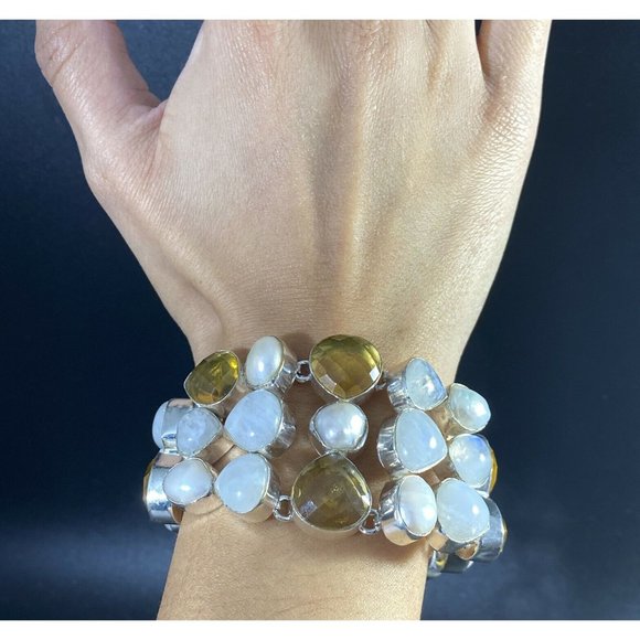 925 Citrine Moonstone Pearl Three Row Cluster Toggle Bracelet